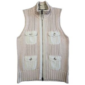 Eddie Bauer Rib Knit Utility Sweater Vest Womens M Beige Full Zip Field Vintage